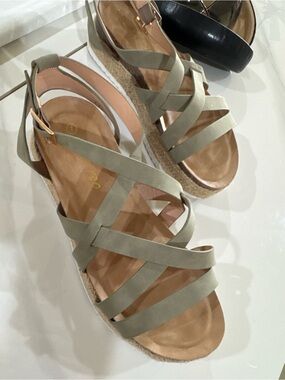BAMBOO Olive Green Crisscross Espadrille Wedge Sandals